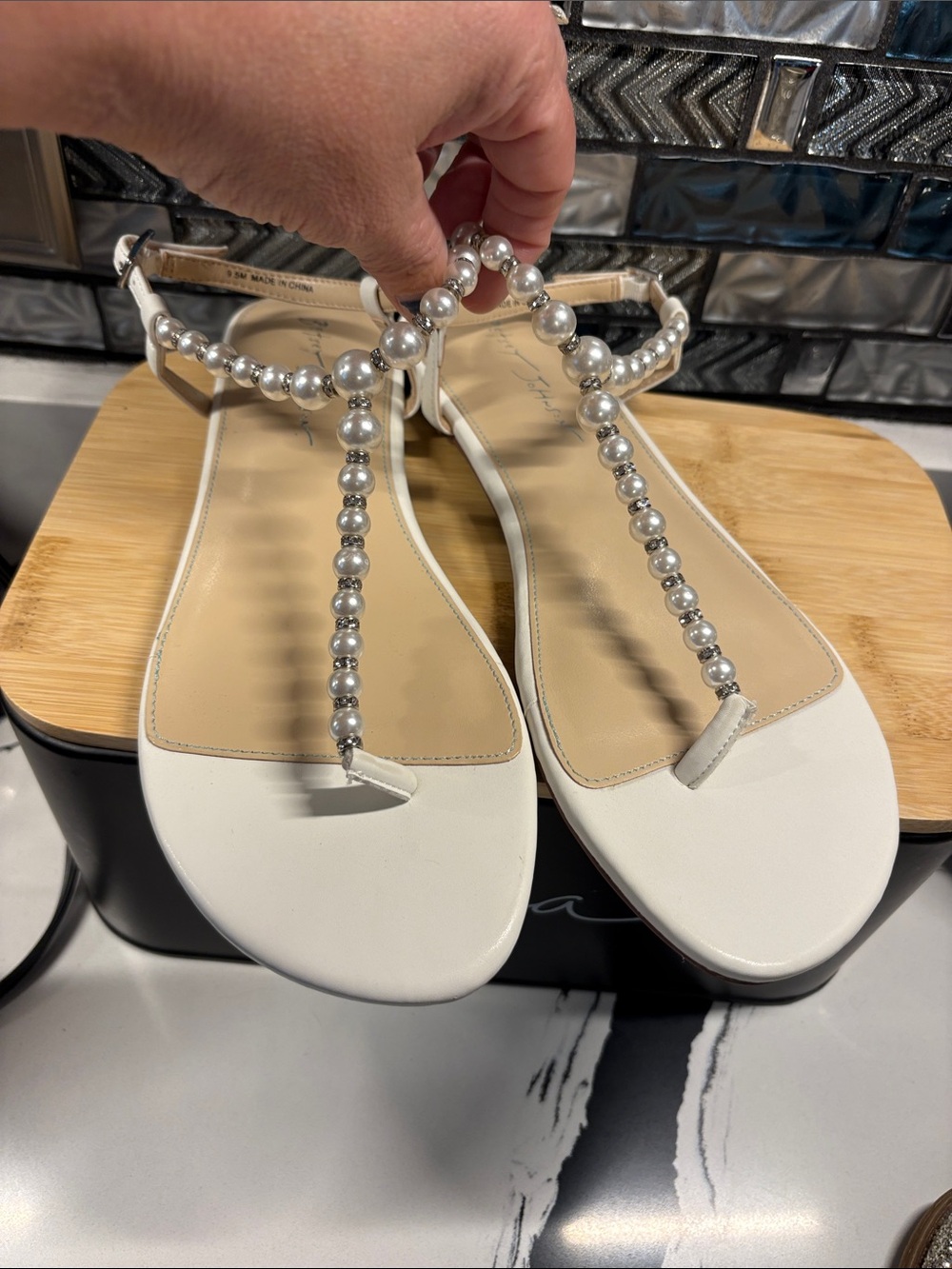 Betsey Johnson White Pearl-Embellished T-Strap Sandals